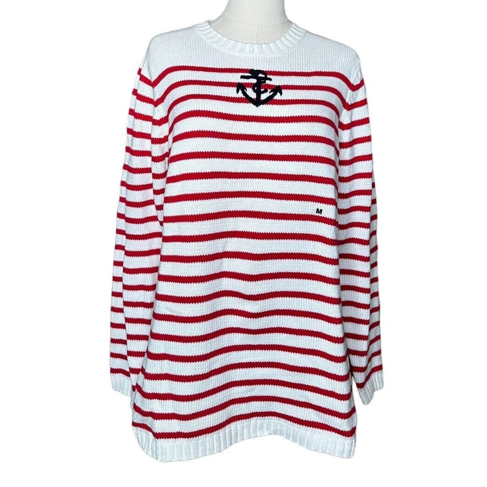 NEW Casual Corner Annex White Red Striped Nautical Anchor Sweater Y2K Womens M